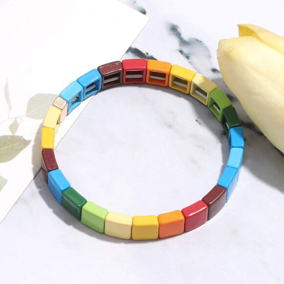 Tile Bracelets Enamel Rainbow Tile Bead Bracelets Colorblock Stackable Stretch B - Picture 8 of 8